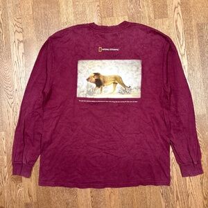 Vintage Y2K National Geographic Lion Stone Wash Burgundy Red L/S T Shirt Mens XL